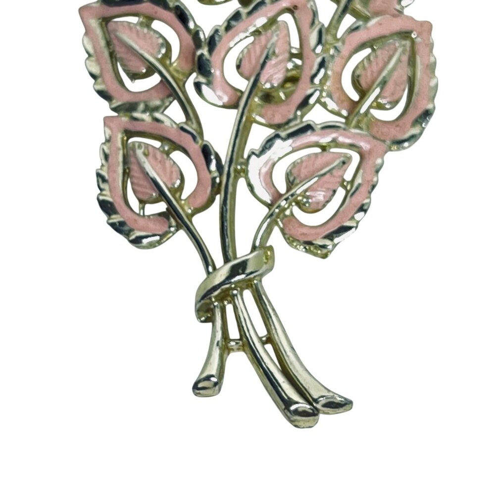 Gold Tone & Pink Enamel Bouquet Brooch W/ Matching Clip On Earrings Set (5750) - Picture 5 of 10